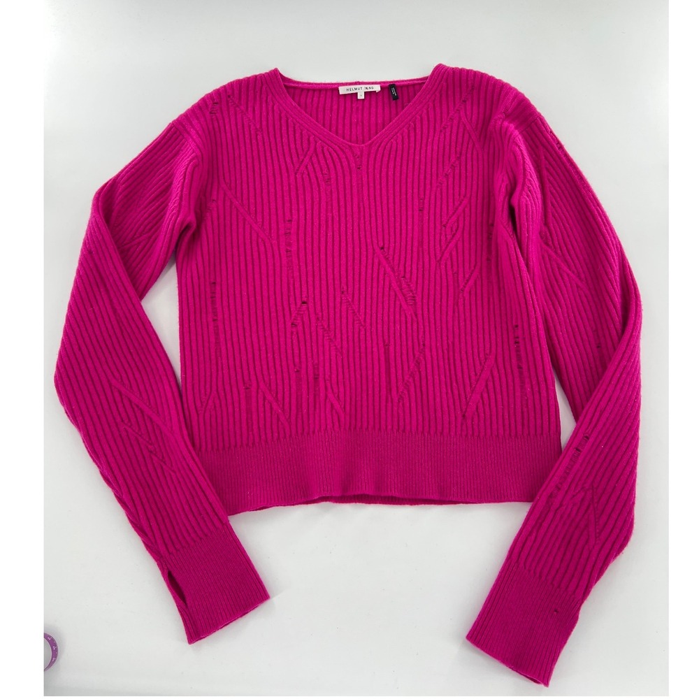 Helmut Lang Pink Lambswool Distressed Ribbed V-Neck Sweater Thumbholes Indie S - Picture 8 of 8